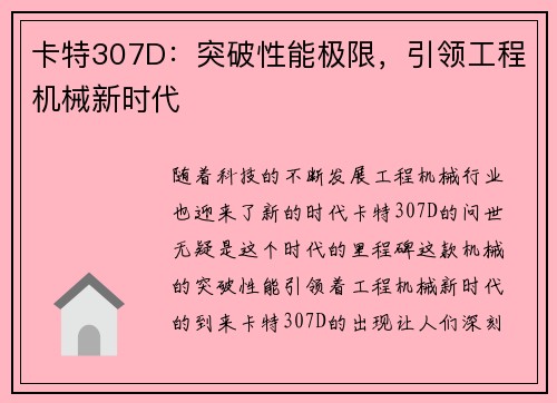 卡特307D:突破性能极限,引领工程机械新时代